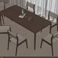 Modern Wooden Dining Table Set with Six Minimalist Beige Seat Chairs and Curtains