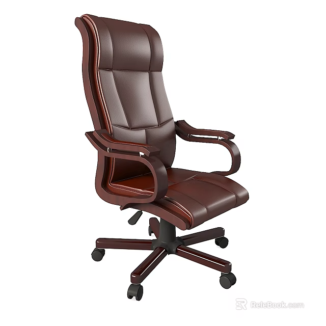 Brown Leather High Back Office Chair with Wooden Armrests and Five Star Caster Base 3d model 