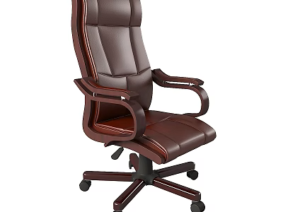 Brown Leather High Back Office Chair with Wooden Armrests and Five Star Caster Base 3d model