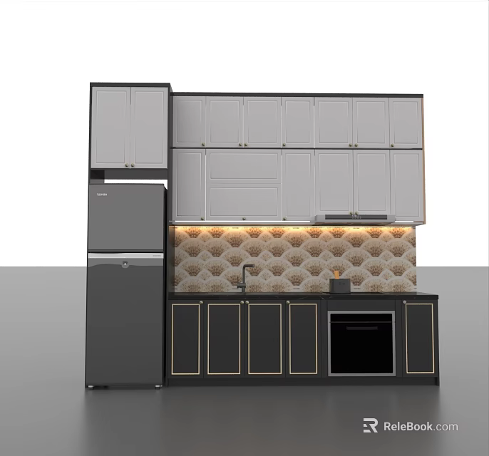 Elegant Modern Kitchen Design With Patterned Wall Tile Sink Oven And White Cabinets 3d model 
