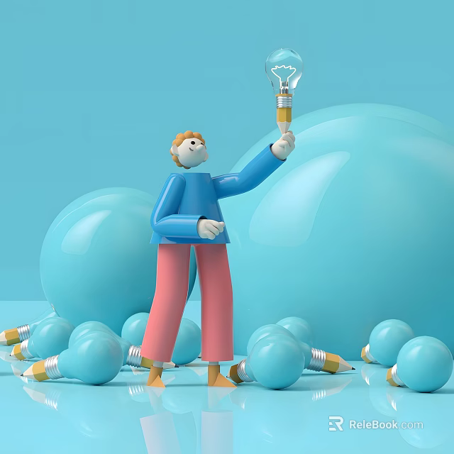 Cartoon Game Movie Character Holding Glowing Light Bulb Among Scattered Blue Bulbs 3d model 
