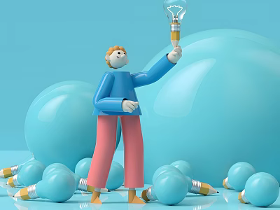 Cartoon Game Movie Character Holding Glowing Light Bulb Among Scattered Blue Bulbs 3d model