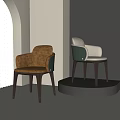 Modern Elegant Dining Chairs With Orange Green Upholstery Backrest Armrests On Display Stand