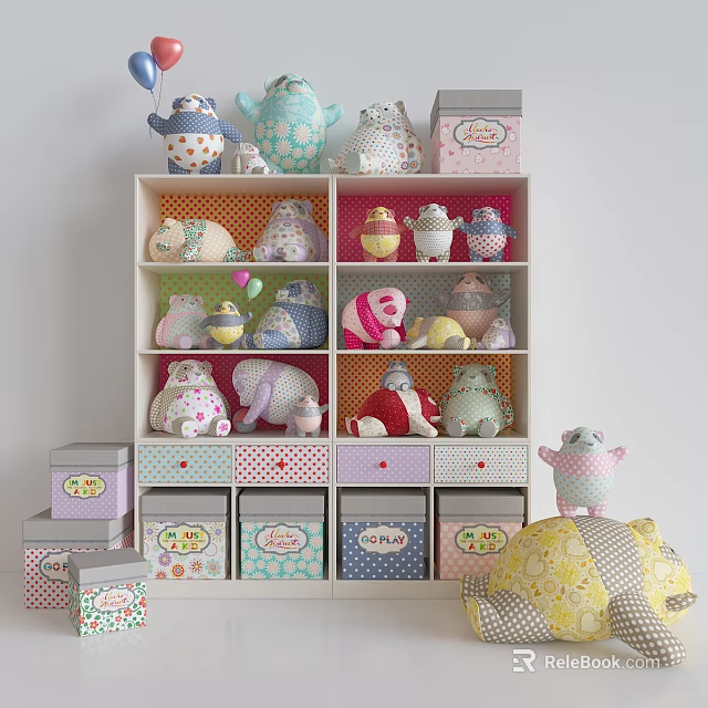 Decorative Storage Shelf with Colorful Patterned Drawers Stuffed Toys and Boxes 3d model 