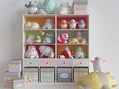 Decorative Storage Shelf with Colorful Patterned Drawers Stuffed Toys and Boxes 3d model