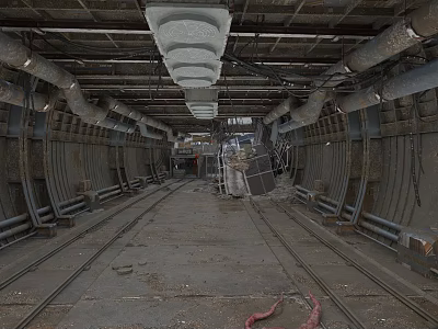 Industrial Tunnel Interior With Rail Tracks Metal Pipes And Concrete Floor 3d model