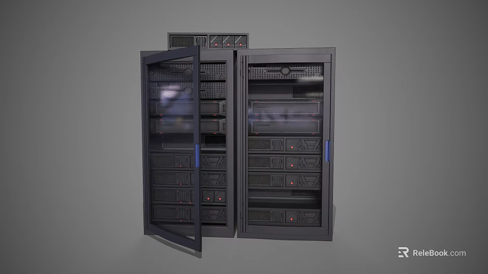 Black Industrial Server Rack With Open Door And Multiple Server Units 3d model 