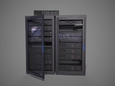 Black Industrial Server Rack With Open Door And Multiple Server Units 3d model