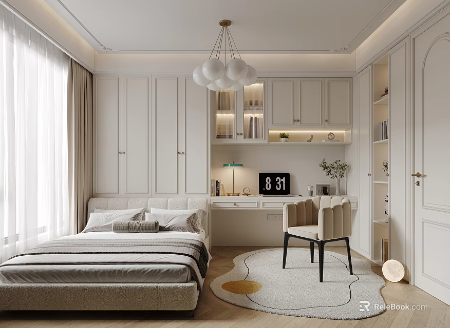 Modern Tatami Bedroom Interior Design With Tatami Bed Storage Cabinets Desk And Area Rug 3d model 