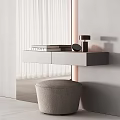 Modern Dressing Table With Gray Countertop Drawers Books Round Mirror And Upholstered Stool