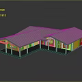 L Shaped Wooden Building With Sloped Metal Roof Supporting Pillars And Large Glass Windows