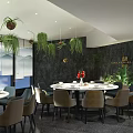 Private Dining Room With Hanging Plants Round Tables And Decorative Wall 3d model