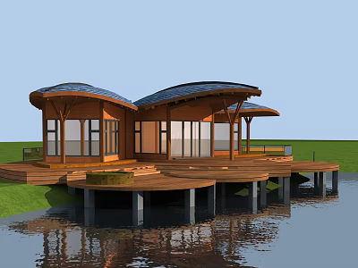 Wooden House Over Water With Curved Roof Solar Panels And Wooden Deck 3d model
