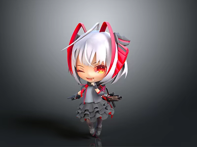 Chibi Character With White Hair Red Ears And Red Eyes In Gray And Red Outfit 3d model
