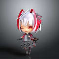 Chibi Character With White Hair Red Ears And Red Eyes In Gray And Red Outfit