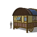 Thatched Roof Wooden Cabin With Blue Skylight And Wheel Base