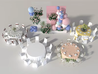 Pastel Colored Table And Chair Sets With Balloon Decorations And Flower Arrangements 3d model