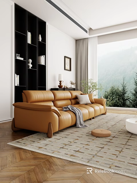 Brown Leather Sofa And White Coffee Table Set With Gray Throw Blanket And Mountain View 3d model 
