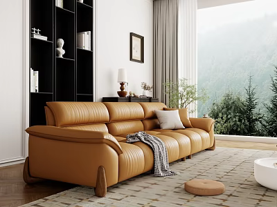Brown Leather Sofa And White Coffee Table Set With Gray Throw Blanket And Mountain View 3d model