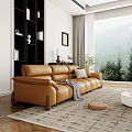 Brown Leather Sofa And White Coffee Table Set With Gray Throw Blanket And Mountain View 3d model