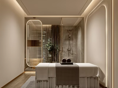 Elegant SPA Sauna Room With Massage Table Towels Green Plants Modern Shower And Soft Lighting 3d model