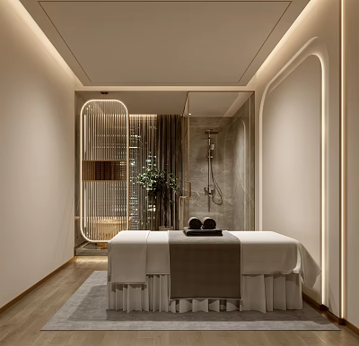 Elegant SPA Sauna Room With Massage Table Towels Green Plants Modern Shower And Soft Lighting 3d model