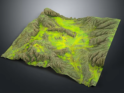 Detailed 3D Terrain Model with Rolling Mountain Ranges Green Vegetation and Yellow Valleys 3d model