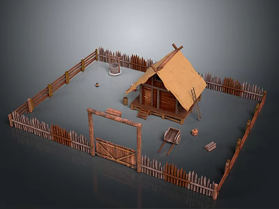 Rustic Log Cabin Enclosed Garden Scenery with Thatched Roof Wooden Fence Gate Wheelbarrow and Bucket 3d model