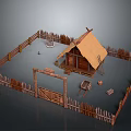 Rustic Log Cabin Enclosed Garden Scenery with Thatched Roof Wooden Fence Gate Wheelbarrow and Bucket