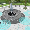 Modern Fountain Plaza Area With Blue Spiral Patterns Surrounded by Trees and People Walking