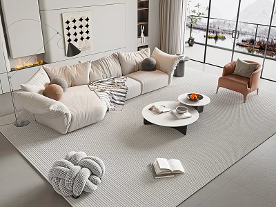 Modern Beige L Shaped Sofa and White Round Coffee Table with Accent Chair Throw Pillows 3d model
