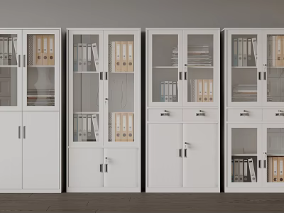 White Office Filing Cabinets With Glass Doors And File Folders Inside 3d model