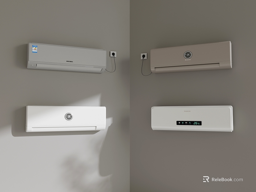 Multiple Wall Mounted Air Conditioners With Different Styles Installed On Home Interior Wall 3d model 