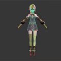 Stylized 3D Anime Character With Green Hair Purple Brown Outfit Decorative Cuffs And Leg Tattoos