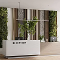Modern Reception Background Wall with Green Plant Stone Texture Wooden Desk and Lighting
