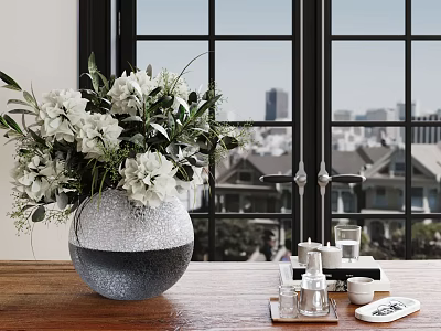 Silver Vase with White Flowers and Green Leaves on Wooden Table by Window City View 3d model