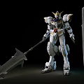 White Gundam Model With Gold Accents Holding Large Spear And Long Sword