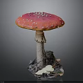 Red Mushroom Pink Cap With White Spots Light Stem Surrounded By Dead Leaves Soil