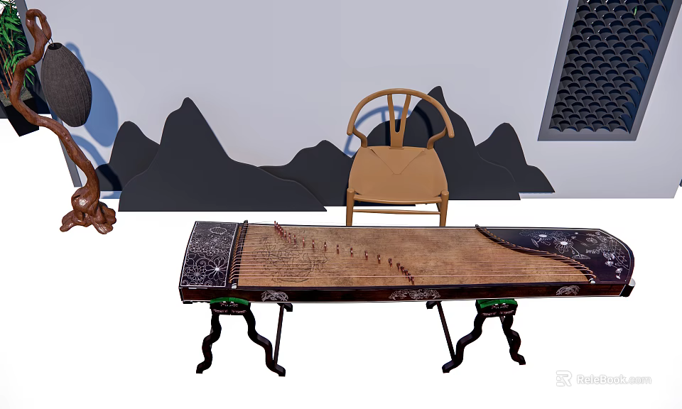 Traditional Musical Instruments Chinese Zither and Art Supplies with Wooden Chair and Mountain Decorations 3d model 