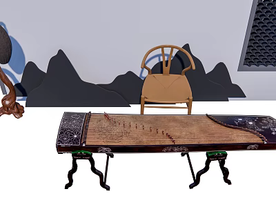 Traditional Musical Instruments Chinese Zither and Art Supplies with Wooden Chair and Mountain Decorations 3d model