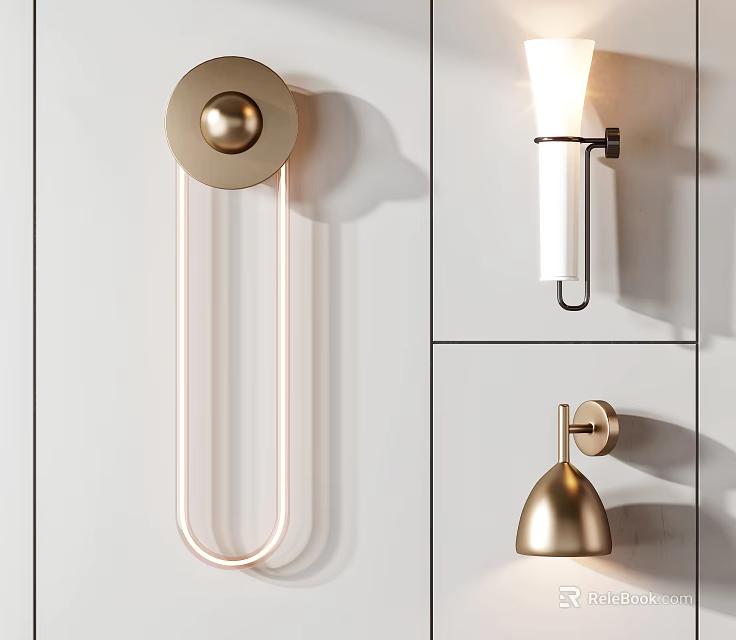 Modern Wall Sconces With Various Designs Metal Glass And Golden Black Finishes On White Wall 3d model 