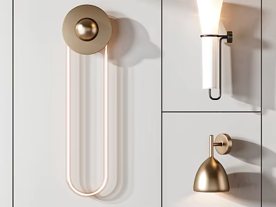 Modern Wall Sconces With Various Designs Metal Glass And Golden Black Finishes On White Wall 3d model
