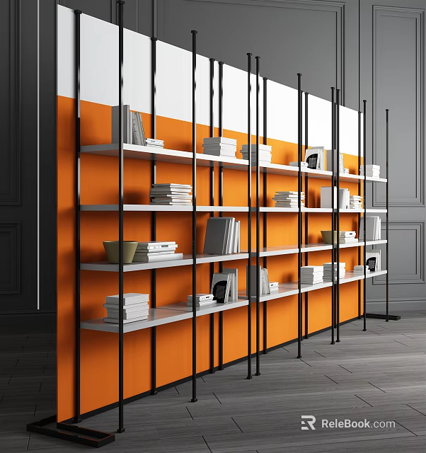 Modern Bookshelf with White Shelves Black Metal Frames on Orange Wall and Books Photo Frames 3d model 