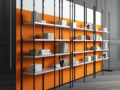 Modern Bookshelf with White Shelves Black Metal Frames on Orange Wall and Books Photo Frames 3d model