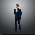 Man in blue suit standing with formal posture against gray background 3d model