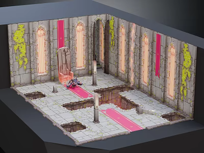 Futuristic Ancient Stone Chamber With Glowing Runes Throne Pink Carpet And Ornate Columns 3d model