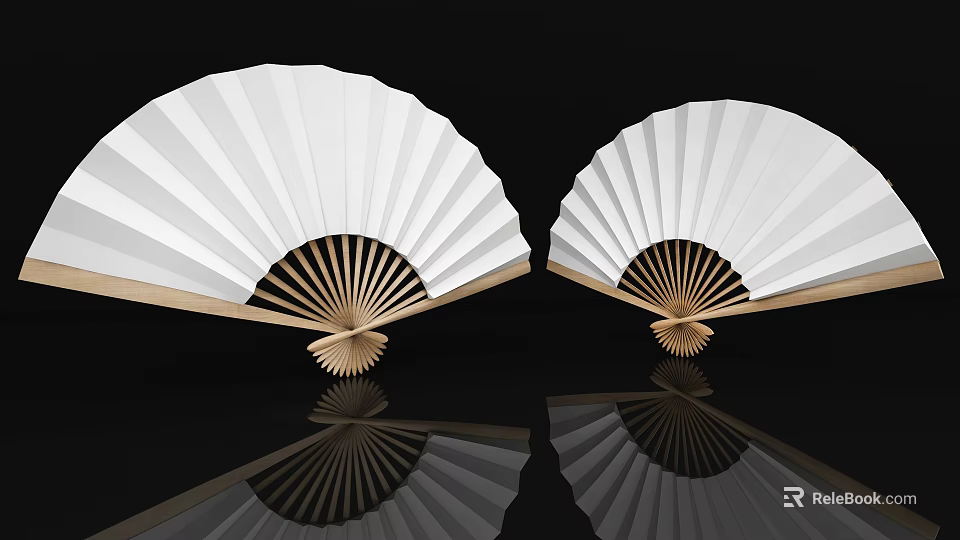 White Folding Fans With Wooden Frames On Black Background Showing Reflections 3d model 
