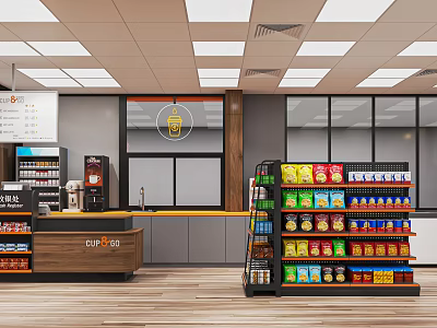 Supermarket Interior With Bright Lighting Organized Shelves Full Of Snacks Beverages Coffee Station And Counter 3d model
