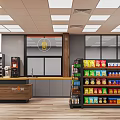 Supermarket Interior With Bright Lighting Organized Shelves Full Of Snacks Beverages Coffee Station And Counter