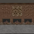 Wooden Textured Background Wall Featuring Decorative Panel And Three Fireplaces With Burning Flames 3d model